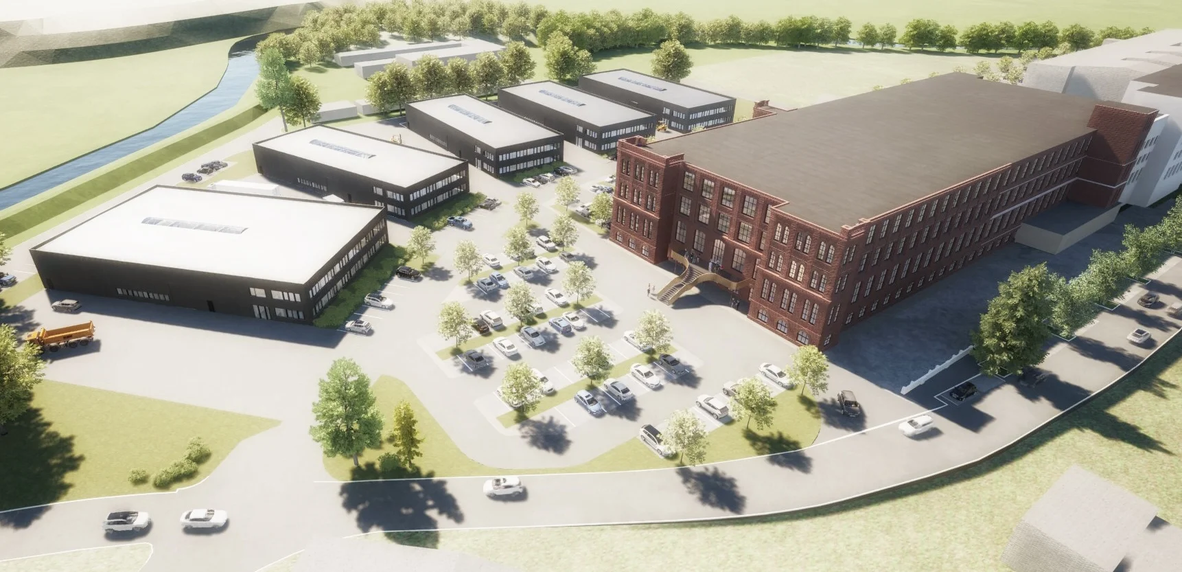 Luftaufnahme Europark Chemnitz – historische und moderne Gewerbebauten, Parkplätze und Grünflächen